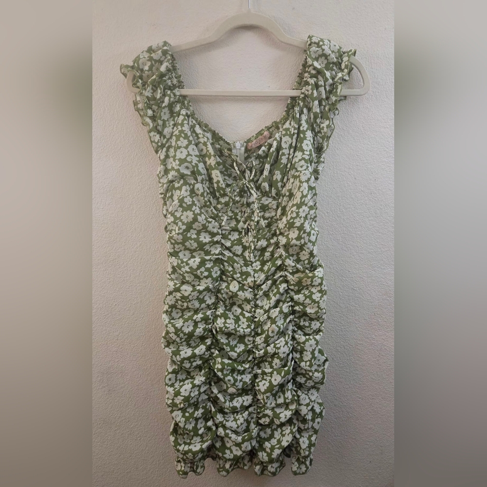 Green Floral Lace-Up Midi Dress
